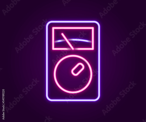 Glowing neon line Ampere meter, multimeter, voltmeter icon isolated on black background. Instruments for measurement of electric current. Colorful outline concept. Vector
