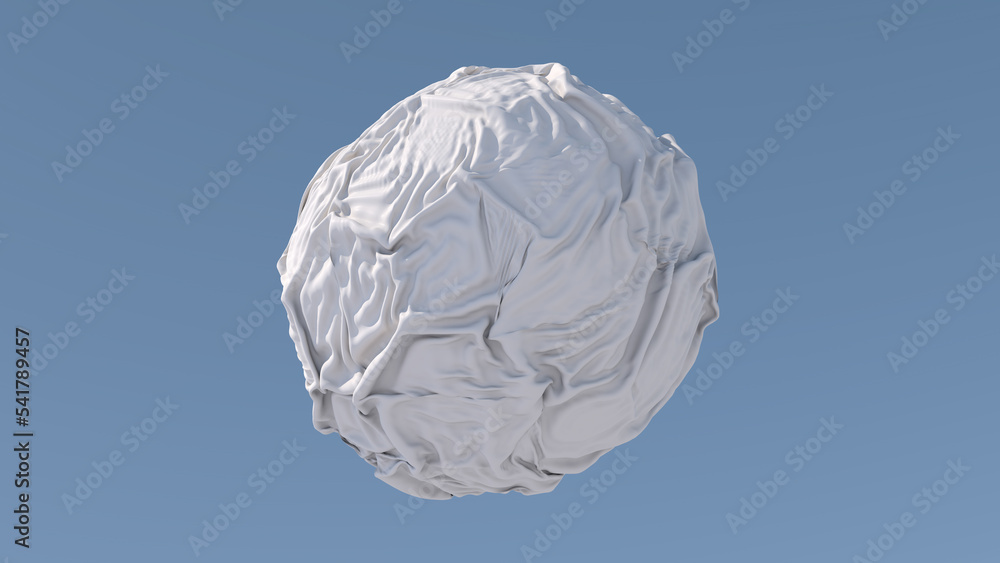 White sphere, cloth effect. Blue background. Abstract illustration, 3d render.