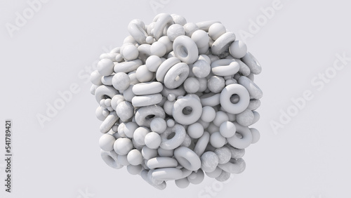 Group of white balls and rings, white background. Abstract monochrome illustration, 3d render.