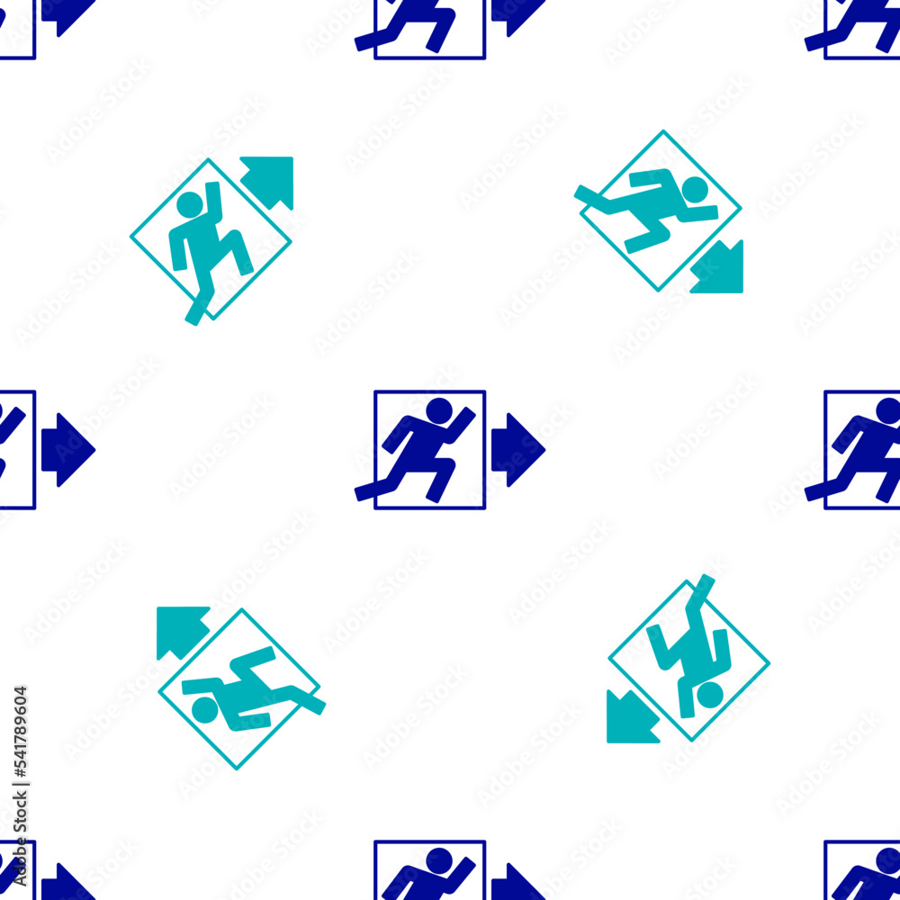 Blue Fire exit icon isolated seamless pattern on white background. Fire emergency icon. Vector Blue Fire exit icon isolated seamless pattern on white background. Fire emergency icon. Vector