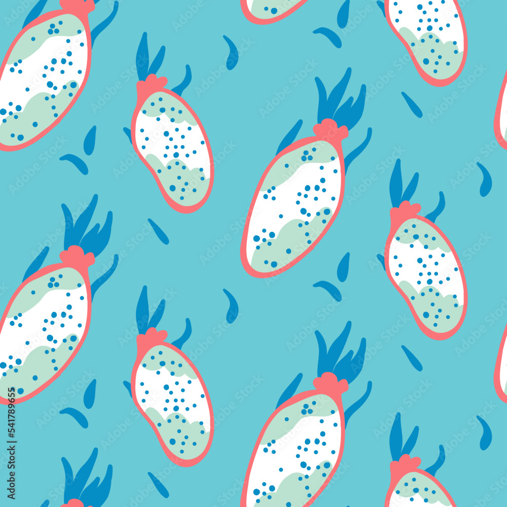 Floral pattern with dragon fruit on a blue background in pink and magenta colors. Floral pattern with dragon fruit on a blue background in pink and magenta colors.
