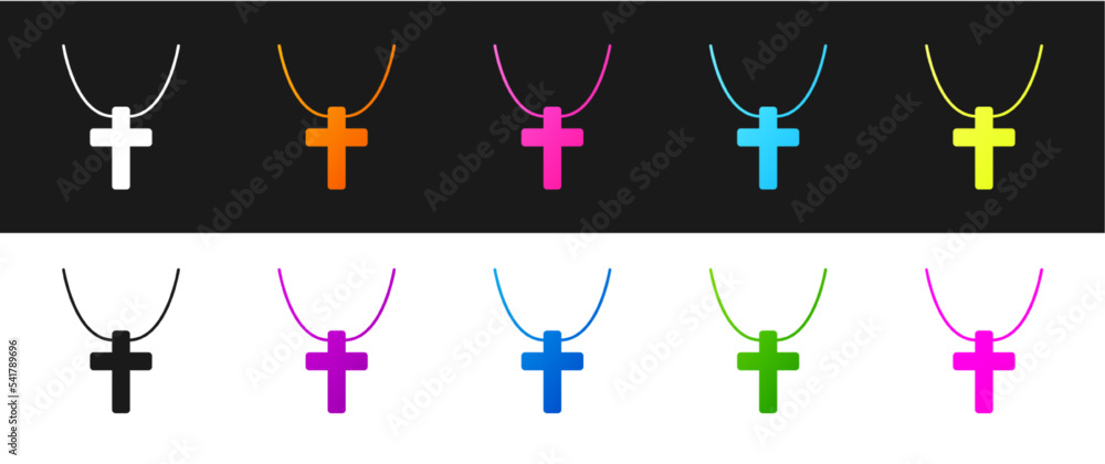 Set Christian cross on chain icon isolated on black and white background. Church cross. Vector