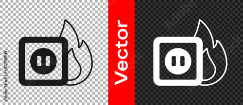 Black Electric wiring of socket in fire icon isolated on transparent background. Electrical safety concept. Plug outlet on fire. Vector