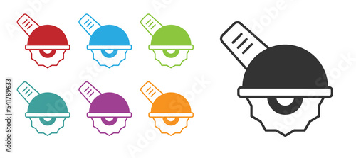 Black Electric circular saw with steel toothed disc icon isolated on white background. Electric hand tool for cutting wood or metal. Set icons colorful. Vector
