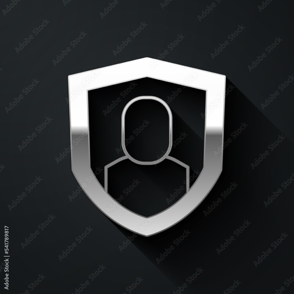 Silver User protection icon isolated on black background. Secure user login, password protected, personal data protection, authentication. Long shadow style. Vector Silver User protection icon isolated on black background. Secure user login, password protected, personal data protection, authentication. Long shadow style. Vector