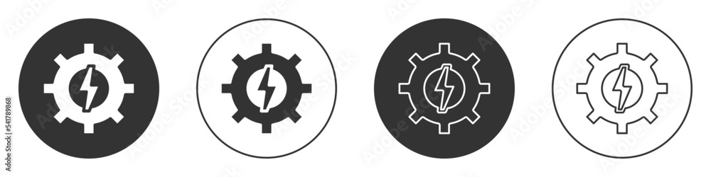 Black Gear and lightning icon isolated on white background. Electric power. Lightning bolt sign. Circle button. Vector