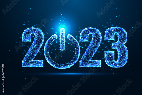 2023 New Year startup, business project concept with 2023 digit and power button in futuristic style