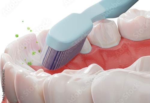 Photos Human teeth and toothbrush, proper dental cleaning technique, 3d rendering