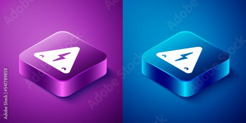 Isometric High voltage sign icon isolated on blue and purple background. Danger symbol. Arrow in triangle. Warning icon. Square button. Vector
