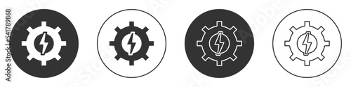 Black Gear and lightning icon isolated on white background. Electric power. Lightning bolt sign. Circle button. Vector