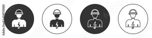 Black Electrician technician engineer icon isolated on white background. Circle button. Vector