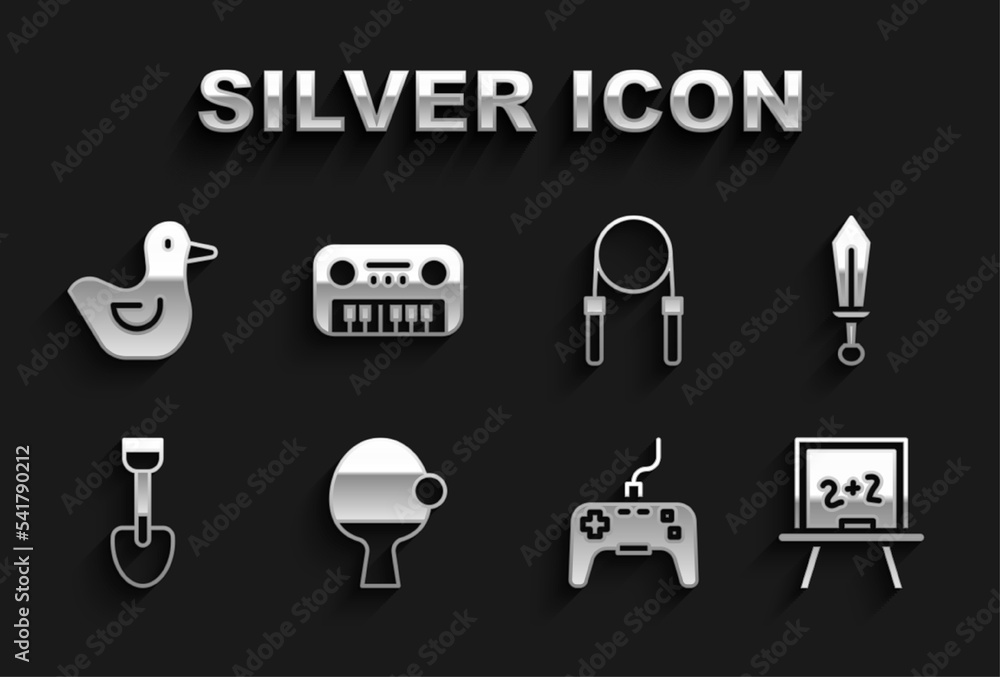 Set Racket and ball, Sword toy, Chalkboard, Gamepad, Shovel, Jump rope, Rubber duck and Toy piano icon. Vector Set Racket and ball, Sword toy, Chalkboard, Gamepad, Shovel, Jump rope, Rubber duck and Toy piano icon. Vector