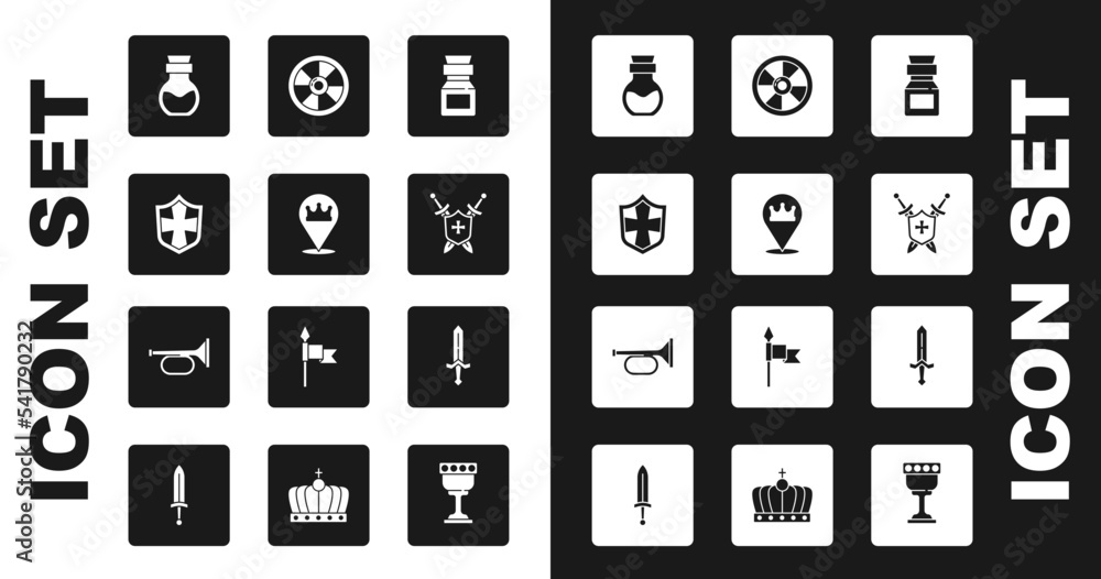 Set Poison in bottle, Location king crown, Shield, Medieval shield with swords, Round wooden, and Trumpet icon. Vector Set Poison in bottle, Location king crown, Shield, Medieval shield with swords, Round wooden, and Trumpet icon. Vector