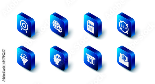 Set Advertising, SEO optimization, Mail and e-mail, Board with graph chart, Lead management and Target sport icon. Vector