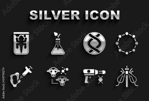 Set Cloning, Chemical formula, Experimental insect, Transfer liquid gun, Syringe, DNA symbol, animal and Plant breeding icon. Vector