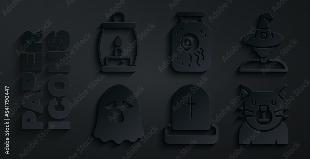 Set Tombstone with RIP written, Witch, Ghost, Cat, Eye in jar and Camping lantern icon. Vector Set Tombstone with RIP written, Witch, Ghost, Cat, Eye in jar and Camping lantern icon. Vector
