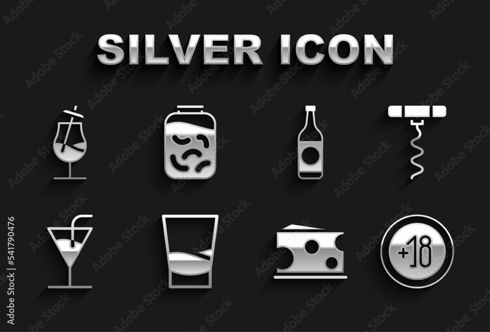 Set Glass of vodka, Wine corkscrew, Alcohol 18 plus, Cheese, Cocktail, Beer bottle, and Pickled cucumbers jar icon. Vector Set Glass of vodka, Wine corkscrew, Alcohol 18 plus, Cheese, Cocktail, Beer bottle, and Pickled cucumbers jar icon. Vector