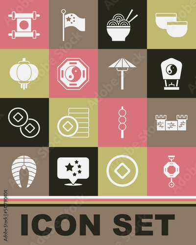 Set Chinese paper lantern, Great wall of China, Asian noodles bowl, Yin Yang, Decree, paper, parchment, scroll and Japanese umbrella from the sun icon. Vector
