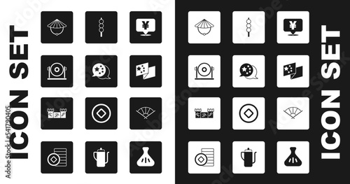 Set Chinese Yuan currency, China flag, Gong, conical straw hat, Meatballs wooden stick, or japanese folding fan and Great wall of icon. Vector
