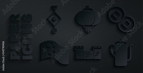 Set Great wall of China, Chinese Yuan currency, flag, tea ceremony, paper lantern and icon. Vector