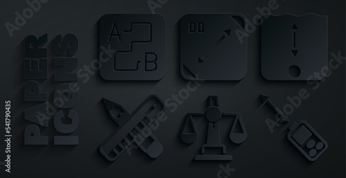 Set Scales of justice, Depth measurement, Crossed ruler and pencil, Laser distance measurer, Diagonal measuring and Route location icon. Vector