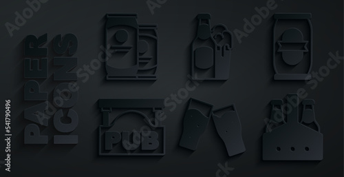 Set Glass of beer, Beer can, Street signboard with Pub, Pack bottles, and glass and icon. Vector