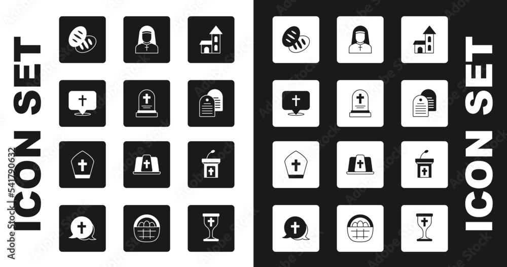 Set Church building, Grave with tombstone, Location church, Christian bread, Holy bible book, Nun, sermon tribune and Pope hat icon. Vector Set Church building, Grave with tombstone, Location church, Christian bread, Holy bible book, Nun, sermon tribune and Pope hat icon. Vector