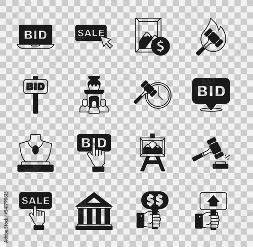 Set Hand holding auction paddle, Auction hammer, Bid, painting, ancient vase, Online and icon. Vector