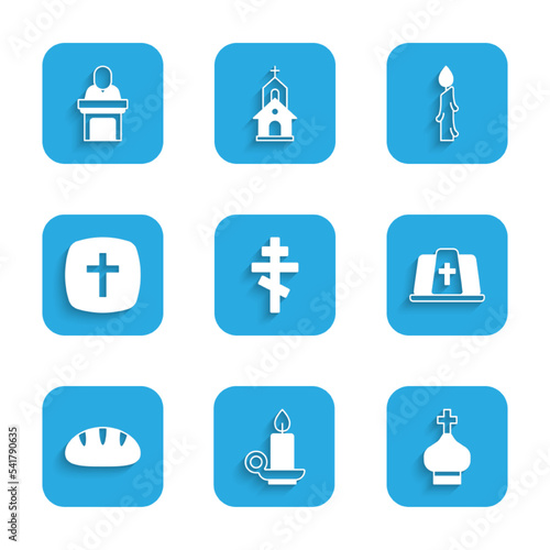 Set Christian cross, Burning candle in candlestick, church tower, Pope hat, bread, and Church pastor preaching icon. Vector