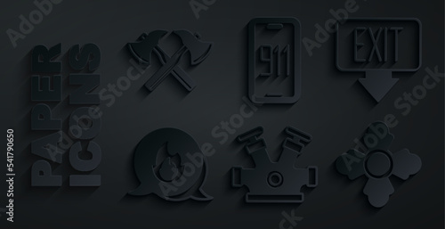 Set Fire hydrant, exit, Emergency call, Firefighter, Mobile emergency 911 and axe icon. Vector