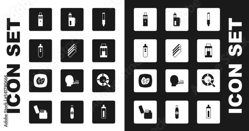 Set Cigarette, rolling papers, Electronic cigarette, Vape mod device, Ashtray with and Tobacco leaf icon. Vector