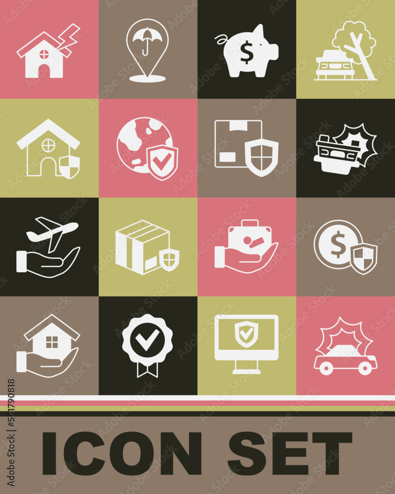 Set Car accident, Money with shield, Piggy bank, Shield world globe, House, and lightning and Delivery security icon. Vector Set Car accident, Money with shield, Piggy bank, Shield world globe, House, and lightning and Delivery security icon. Vector