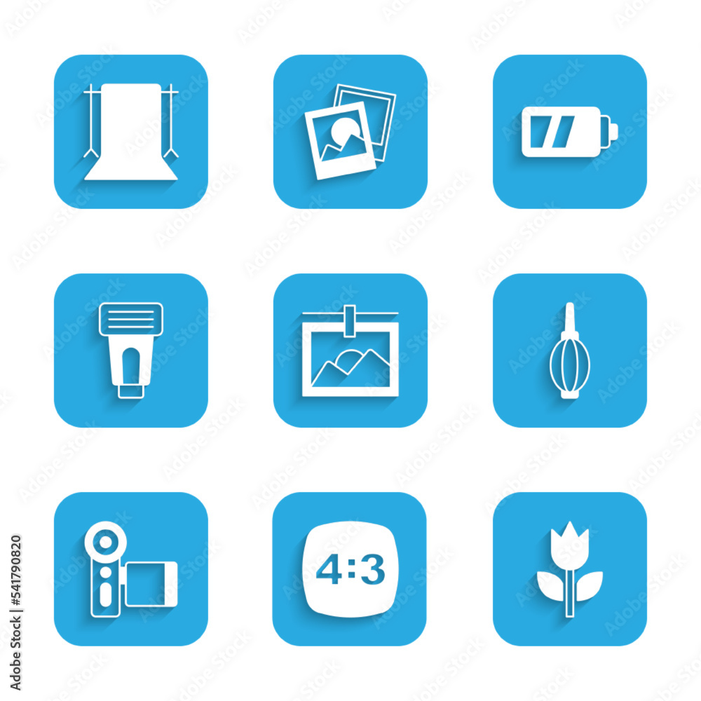 Set Photo frame, 4, mode macro, Dust blower, Cinema camera, flash, Battery for and Empty photo studio icon. Vector Set Photo frame, 4, mode macro, Dust blower, Cinema camera, flash, Battery for and Empty photo studio icon. Vector