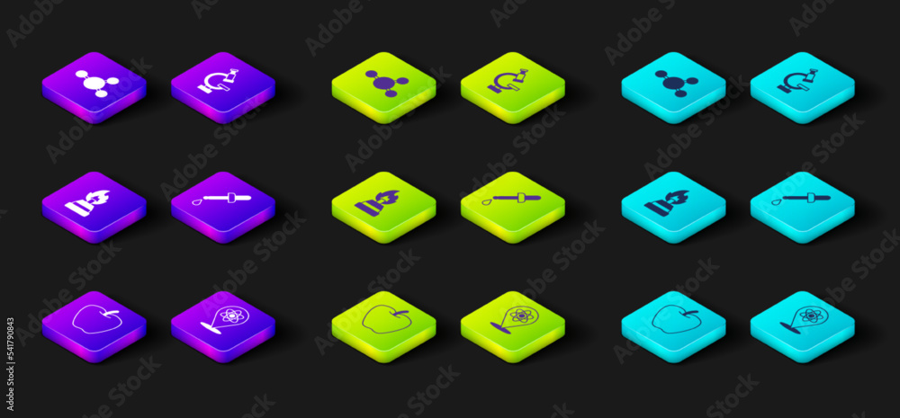 Set Apple, Atom, Alcohol or spirit burner, Pipette, Microscope and Molecule icon. Vector Set Apple, Atom, Alcohol or spirit burner, Pipette, Microscope and Molecule icon. Vector