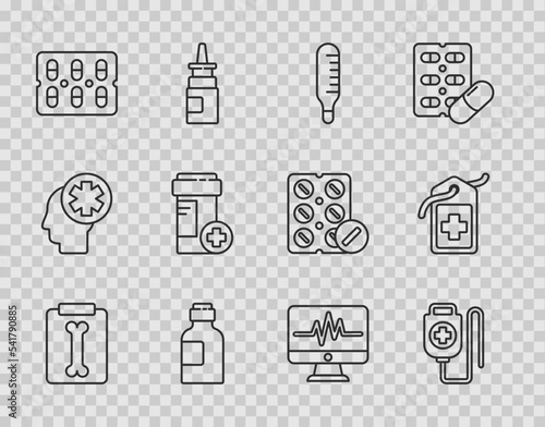 Set line X-ray shots, IV bag, Medical thermometer, Bottle of medicine syrup, Pills blister pack, Medicine bottle, Monitor with cardiogram and Cross hospital medical tag icon. Vector