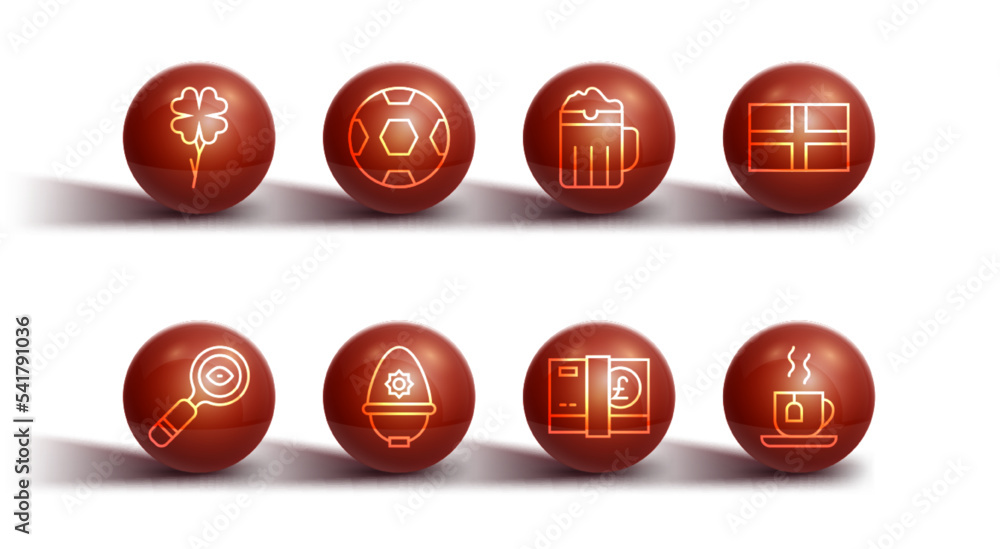Set line Four leaf clover, Magnifying glass, Flag of England, Pound sterling money, British police helmet, Football ball, Cup tea with tea bag and Wooden beer mug icon. Vector Set line Four leaf clover, Magnifying glass, Flag of England, Pound sterling money, British police helmet, Football ball, Cup tea with tea bag and Wooden beer mug icon. Vector