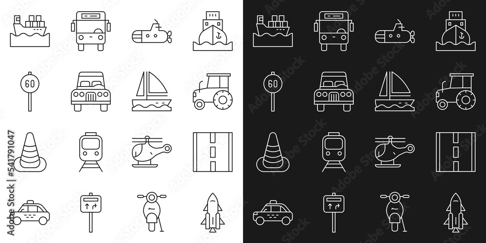 Set line Rocket ship with fire, Road, Tractor, Submarine, Car, Speed limit traffic, Cargo boxes and Yacht sailboat icon. Vector Set line Rocket ship with fire, Road, Tractor, Submarine, Car, Speed limit traffic, Cargo boxes and Yacht sailboat icon. Vector