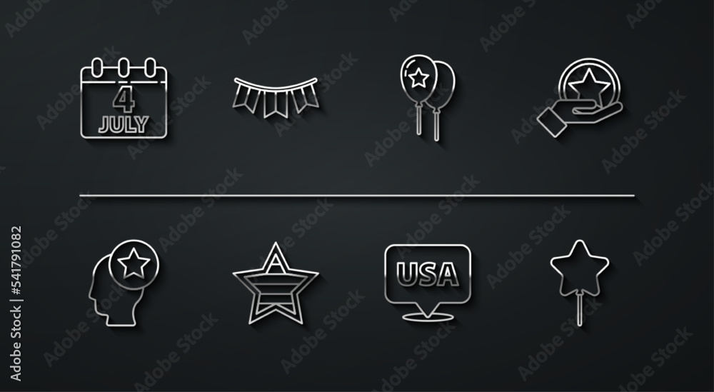 Set line Calendar with date July 4, USA Head, Independence day, Carnival garland flags, Balloon and Balloons icon. Vector Set line Calendar with date July 4, USA Head, Independence day, Carnival garland flags, Balloon and Balloons icon. Vector