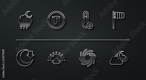 Set line Cloud with rain and moon, Moon, Cone windsock wind vane, Tornado, Sunrise, Fahrenheit, and Meteorology thermometer icon. Vector