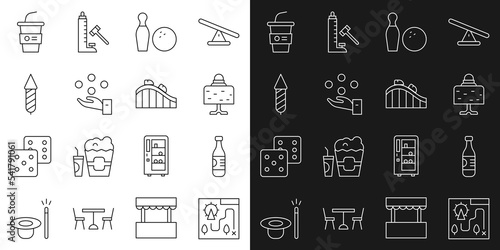 Set line Amusement park map, Bottle of water, Magic ball on table, Bowling pin and, Juggling, Firework rocket, Paper glass with and Roller coaster icon. Vector