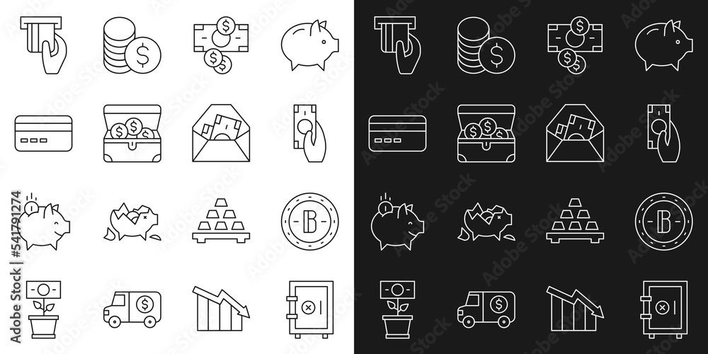 Set line Safe, Bitcoin, Fast payments, Stacks paper money cash, Treasure chest, Credit card, inserted and Envelope with dollar symbol icon. Vector