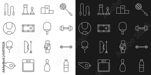 Set line Bottle of water, Barbell, Dumbbell, Award over sports winner podium, Billiard table, Tennis ball, Jump rope and Racket for playing tennis icon. Vector