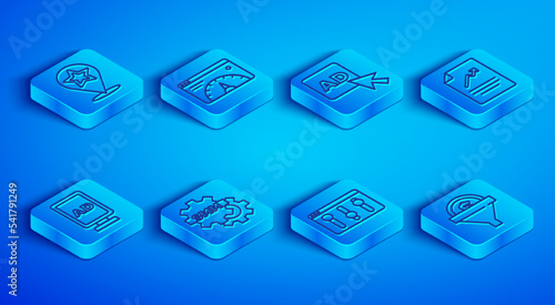 Set line Map pointer with star, Website statistic, Advertising, Social media marketing, Browser setting, Document graph chart, and Lead management icon. Vector