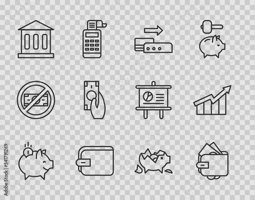 Set line Piggy bank with coin, Wallet money, Pos terminal, Bank building, Fast payments, Broken piggy and Financial growth increase icon. Vector