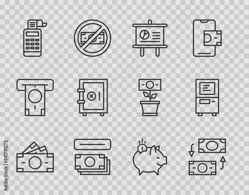 Set line Stacks paper money cash, Money exchange, Chalkboard with diagram, ATM and, Cash register machine, Safe, Piggy bank coin and icon. Vector