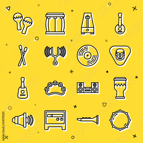 Set line Dial knob level, Drum, Guitar pick, Metronome with pendulum, Musical tuning fork, sticks, Maracas and Vinyl disk icon. Vector