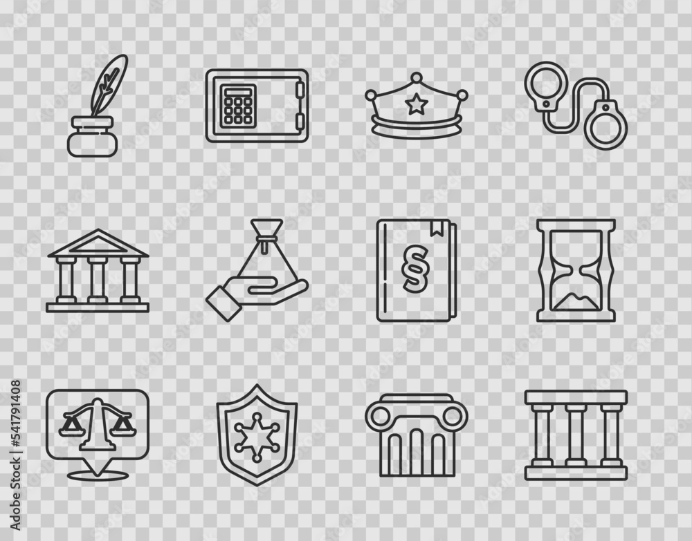Set line Scales of justice, Prison window, Police cap with cockade, badge, Feather and inkwell, Bribe money bag, Law pillar and Old hourglass icon. Vector Set line Scales of justice, Prison window, Police cap with cockade, badge, Feather and inkwell, Bribe money bag, Law pillar and Old hourglass icon. Vector