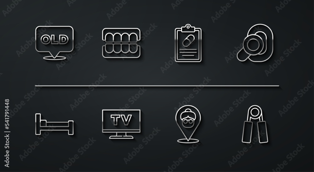 Set line Nursing home, Bed, Hearing aid, Smart Tv, False jaw, Sport expander and Medical prescription icon. Vector Set line Nursing home, Bed, Hearing aid, Smart Tv, False jaw, Sport expander and Medical prescription icon. Vector