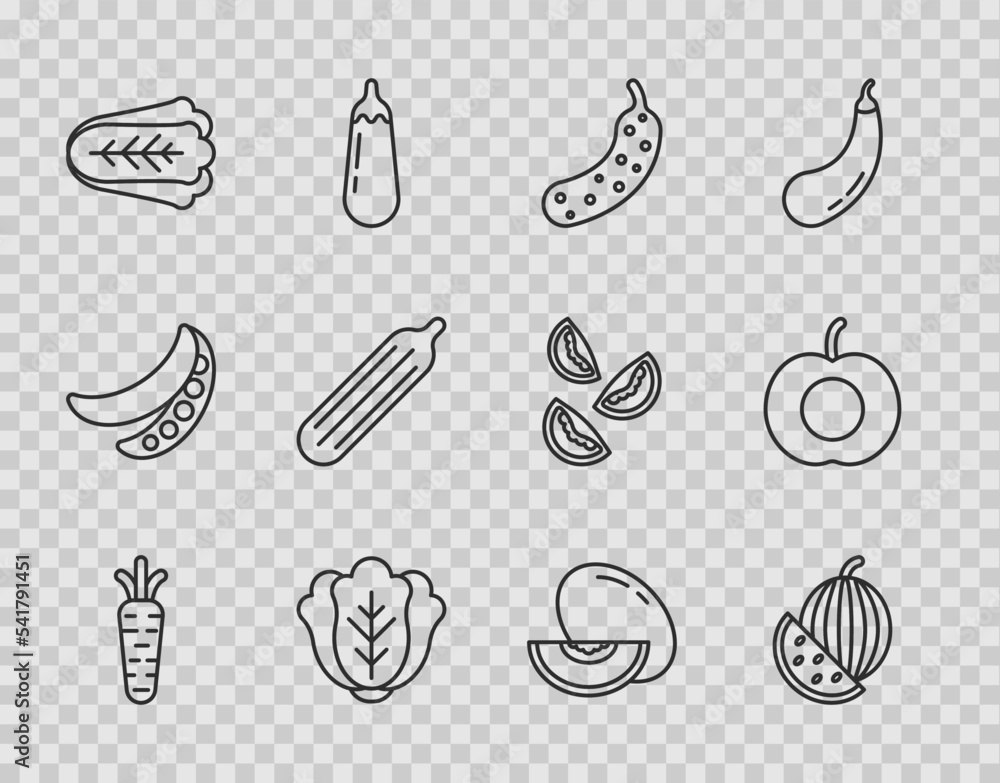 Set line Carrot, Watermelon, Fresh cucumber, Cabbage, Melon fruit and Peach icon. Vector Set line Carrot, Watermelon, Fresh cucumber, Cabbage, Melon fruit and Peach icon. Vector