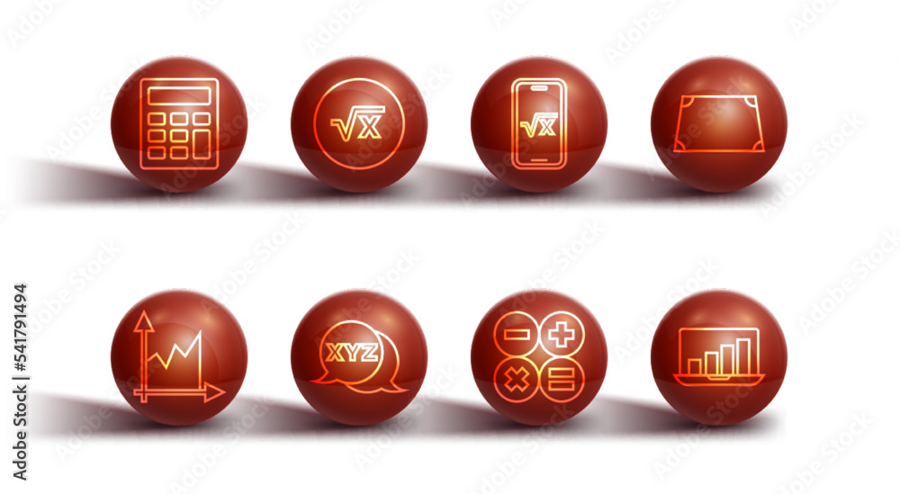 Set line Calculator, Graph, schedule, chart, diagram, Acute trapezoid shape, XYZ Coordinate system, Square root of x glyph, Laptop with graph and icon. Vector Set line Calculator, Graph, schedule, chart, diagram, Acute trapezoid shape, XYZ Coordinate system, Square root of x glyph, Laptop with graph and icon. Vector